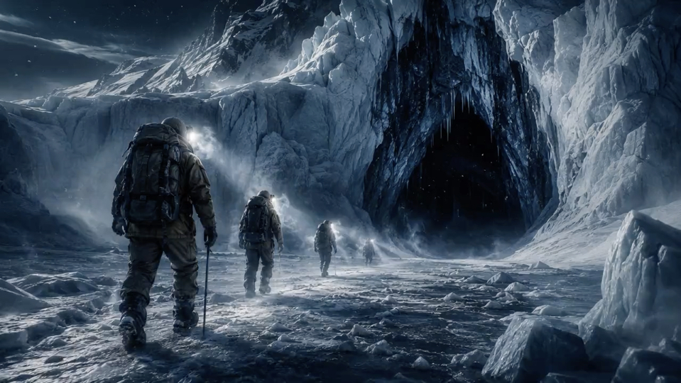 Esploratori avanzano verso l’imboccatura di una grotta di ghiaccio in Antartide.